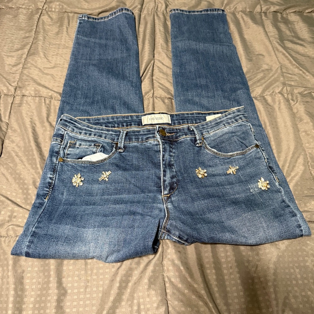 Jones Studio Jeans Womens Size 8 Blue Rhinestone Flowers Floral Jeans